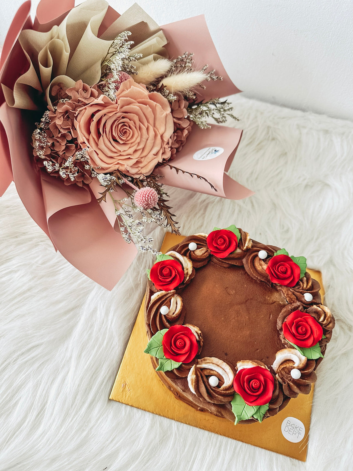 Chocolate Ice Cream Cake + Preserved Rose Bouquet Bundle