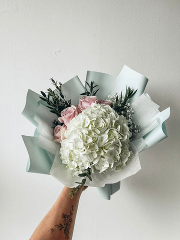 Rosemary- White Hydrangea with Pink Roses Bouquet