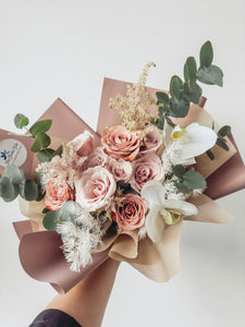 Blush- (With Phalaenopsis) 9 Stalks Roses Bouquet