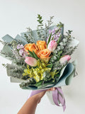 Dawn- 6 Stalks Mixed Orange Roses & Pink Tulips