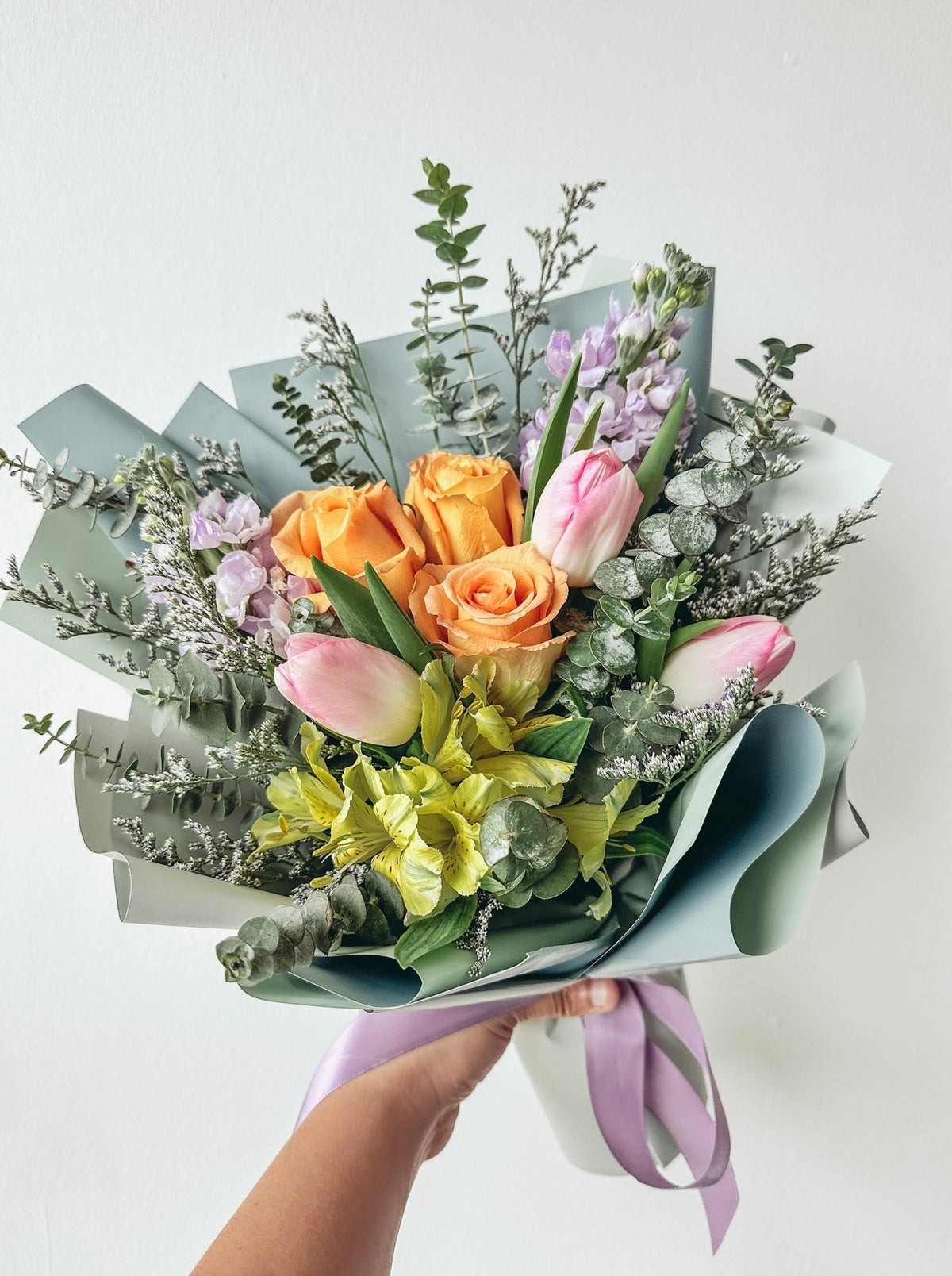 Dawn- 6 Stalks Mixed Orange Roses & Pink Tulips